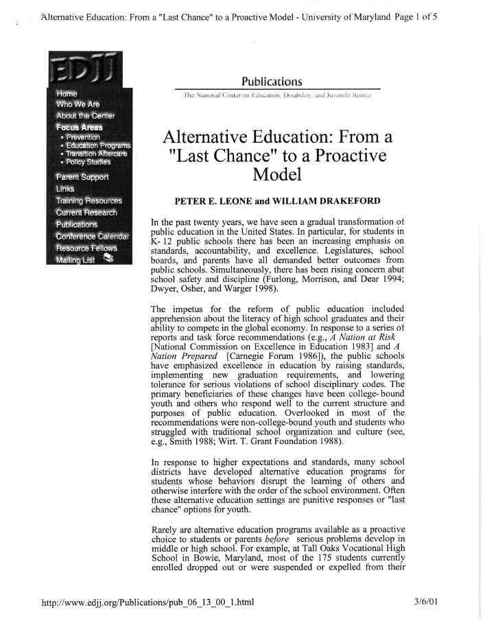 Alternative Education: From a Last Chance to Proactive Model
